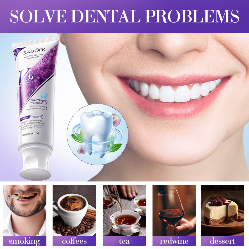 SADOER V34 Purple Teeth Whitening Toothpaste 100g - Colour Corrector Instant Whitener for Yellow Teeth Stains Removal, Fresh Breath Oral Care Gel for Coffee & Smoke Stains Neutralizer & Brightening