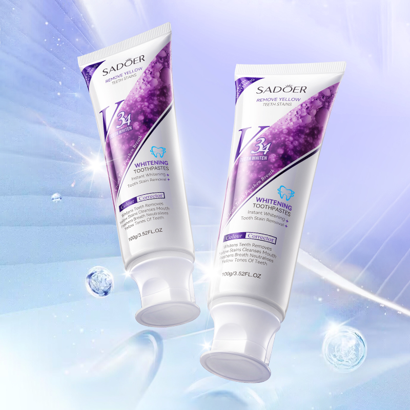 SADOER V34 Purple Teeth Whitening Toothpaste 100g - Colour Corrector Instant Whitener for Yellow Teeth Stains Removal, Fresh Breath Oral Care Gel for Coffee & Smoke Stains Neutralizer & Brightening