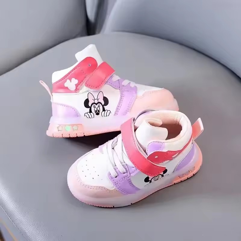 2026 Girls' Causla Shoes PU Leather Mickey Mouse LED Luminescent Children's Sneaker 1-6 Year Old Boys' Sports Casual Shoes