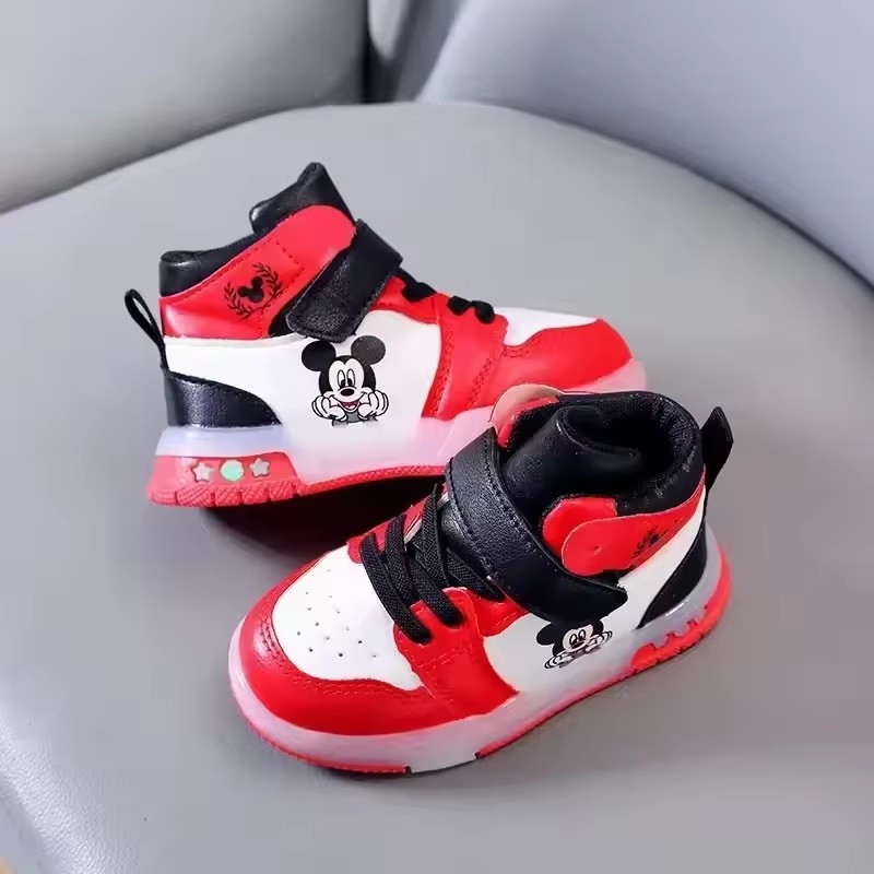 2026 Girls' Causla Shoes PU Leather Mickey Mouse LED Luminescent Children's Sneaker 1-6 Year Old Boys' Sports Casual Shoes