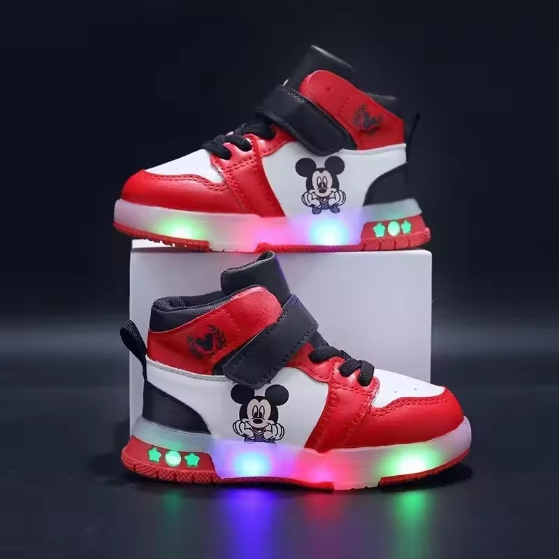 2026 Girls' Causla Shoes PU Leather Mickey Mouse LED Luminescent Children's Sneaker 1-6 Year Old Boys' Sports Casual Shoes