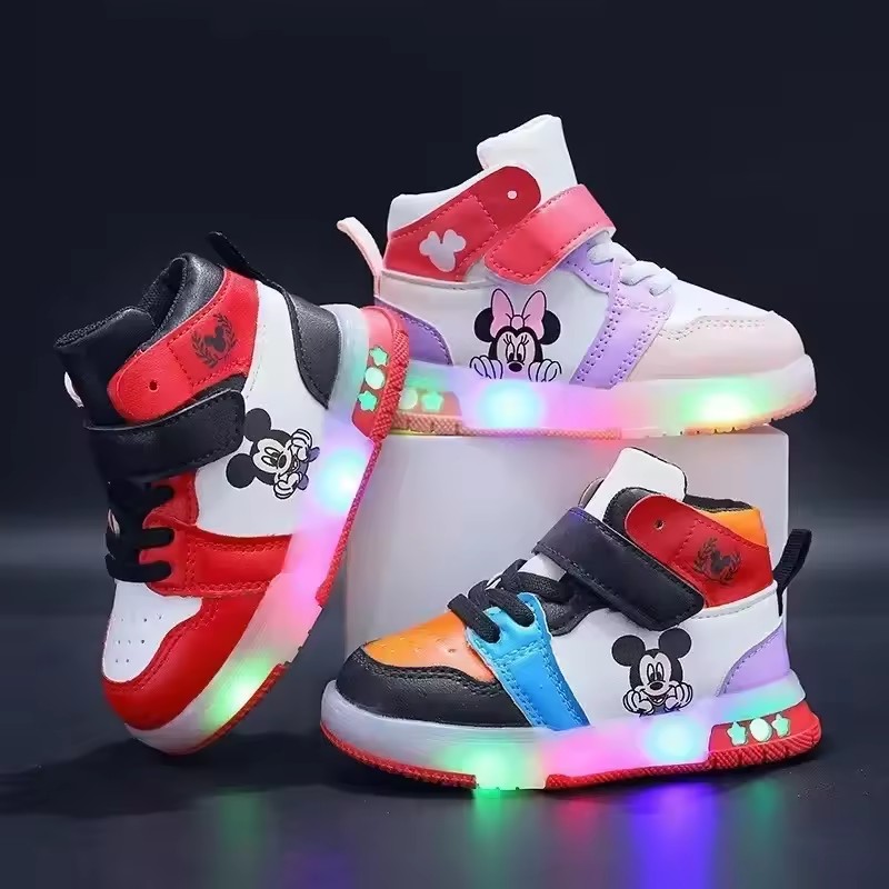 2026 Girls' Causla Shoes PU Leather Mickey Mouse LED Luminescent Children's Sneaker 1-6 Year Old Boys' Sports Casual Shoes