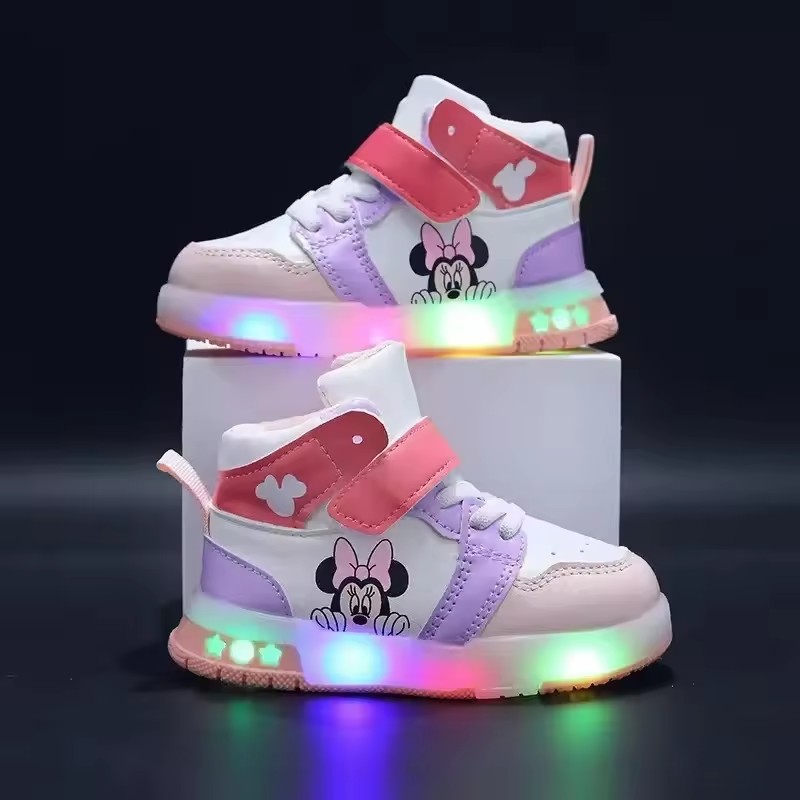 2026 Girls' Causla Shoes PU Leather Mickey Mouse LED Luminescent Children's Sneaker 1-6 Year Old Boys' Sports Casual Shoes