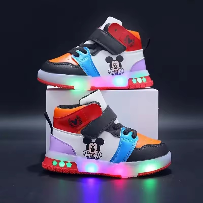 2026 Girls' Causla Shoes PU Leather Mickey Mouse LED Luminescent Children's Sneaker 1-6 Year Old Boys' Sports Casual Shoes