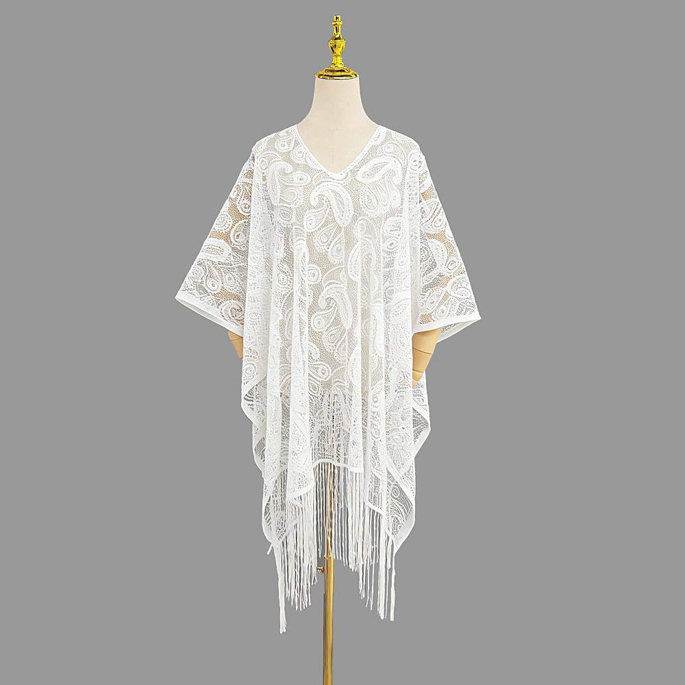 Summer Cover Ups Women Swimsuit Tassel 3/4 Sleeve Robes Bathing Suit 2026 New Solid Color Beach Holiday Dresses White Cover-Up