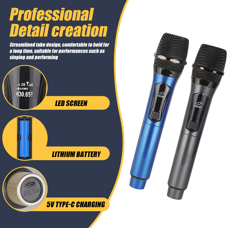 Wireless Microphones, Wireless Microphone 2‑Channel Handheld Dynamic Mic, Rechargeable Dual Wireless Karaoke Microphone System with Rechargeable Receiver for Karaoke, Church, Speech, DJ Party Meeting