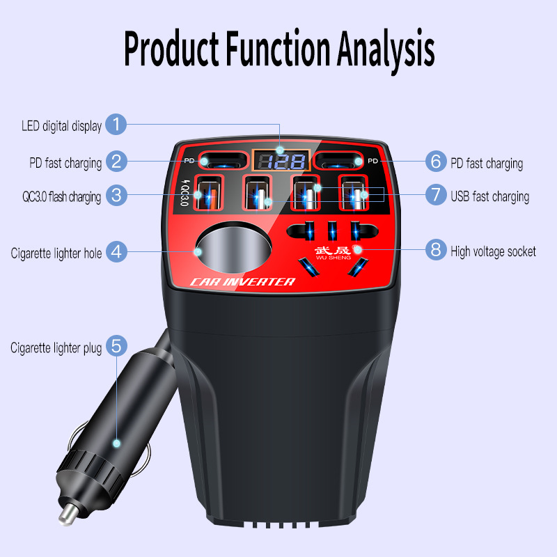 200W Multi-function Car Power Inverter 12V/24V To 220V Converter Led Display Charger Socket Fast Charging Car Accessories