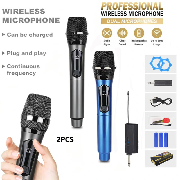 Wireless Microphones, Wireless Microphone 2‑Channel Handheld Dynamic Mic, Rechargeable Dual Wireless Karaoke Microphone System with Rechargeable Receiver for Karaoke, Church, Speech, DJ Party Meeting
