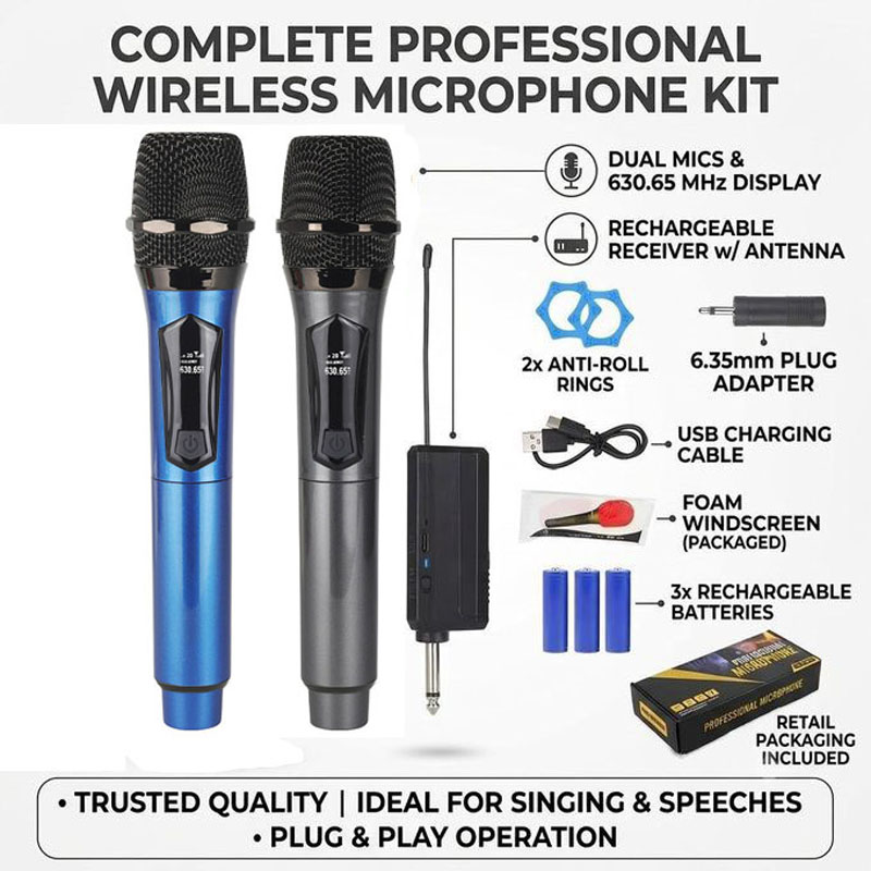 Wireless Microphones, Wireless Microphone 2‑Channel Handheld Dynamic Mic, Rechargeable Dual Wireless Karaoke Microphone System with Rechargeable Receiver for Karaoke, Church, Speech, DJ Party Meeting
