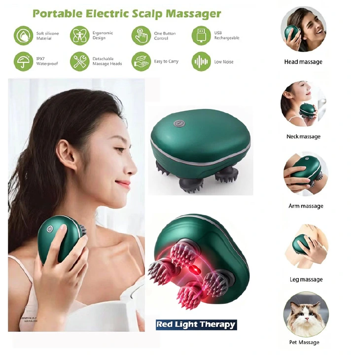 Wireless Electric Scalp Massager, Waterproof Kneading Vibration Head Massager with Red Light Therapy, Portable Washable Massager for Scalp Stress Relief, Shoulder Neck Body & Pet Massage