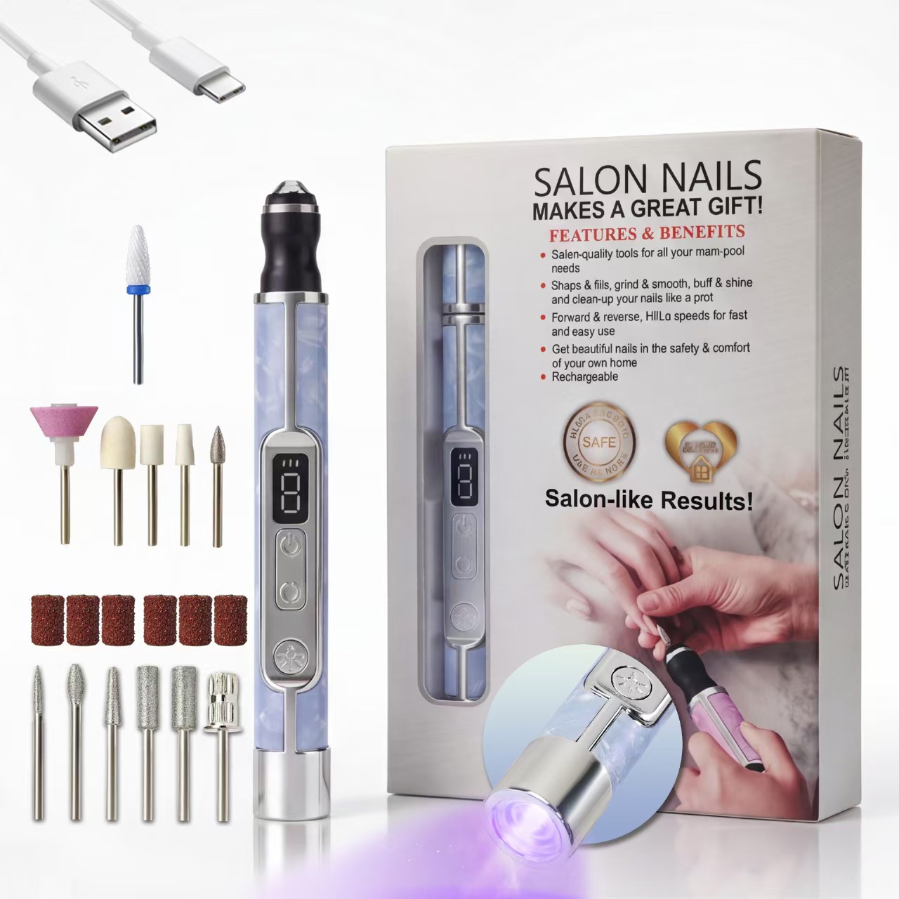 18-in-1 Nail File Polishing Grinding Machine, Electric Nail Drill Manicure Rechargeable Professional E-file for Acrylic ，Low Heat Handheld Manicure Tool with Multiple Bits