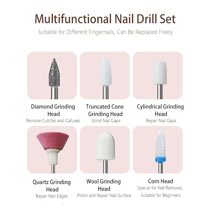 18-in-1 Nail File Polishing Grinding Machine, Electric Nail Drill Manicure Rechargeable Professional E-file for Acrylic ，Low Heat Handheld Manicure Tool with Multiple Bits