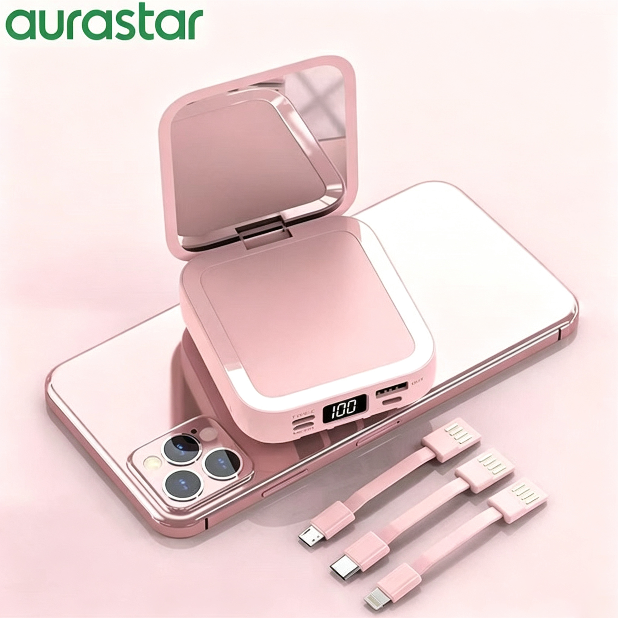 LED powerbank Digital Display 10000Mah Mini Makeup Mirror with LED Digital Mirror Built-in Removable 3 Cable Mobile Power Bank