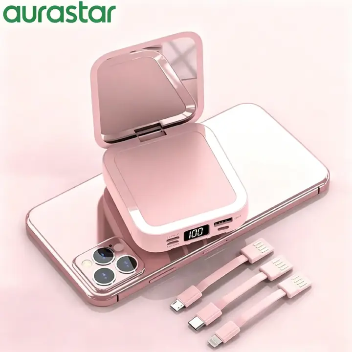 LED powerbank Digital Display 10000Mah Mini Makeup Mirror with LED Digital Mirror Built-in Removable 3 Cable Mobile Power Bank