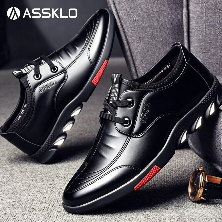 ASSKLO PU leather shoes men's leather casual shoes sport sneaker footwear business leather shoes men's leather shoes dress shoes lace-up shoes fashion versatile casual shoes driving shoes men Black