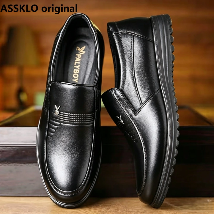 ASSKLO New Men's Leather Shoes PU Leather Thick Fashion Soft Soled Formal Leather Breathable Loafers Slip on Black Driving Male Shoes Men's Loafers men Casual shoes black