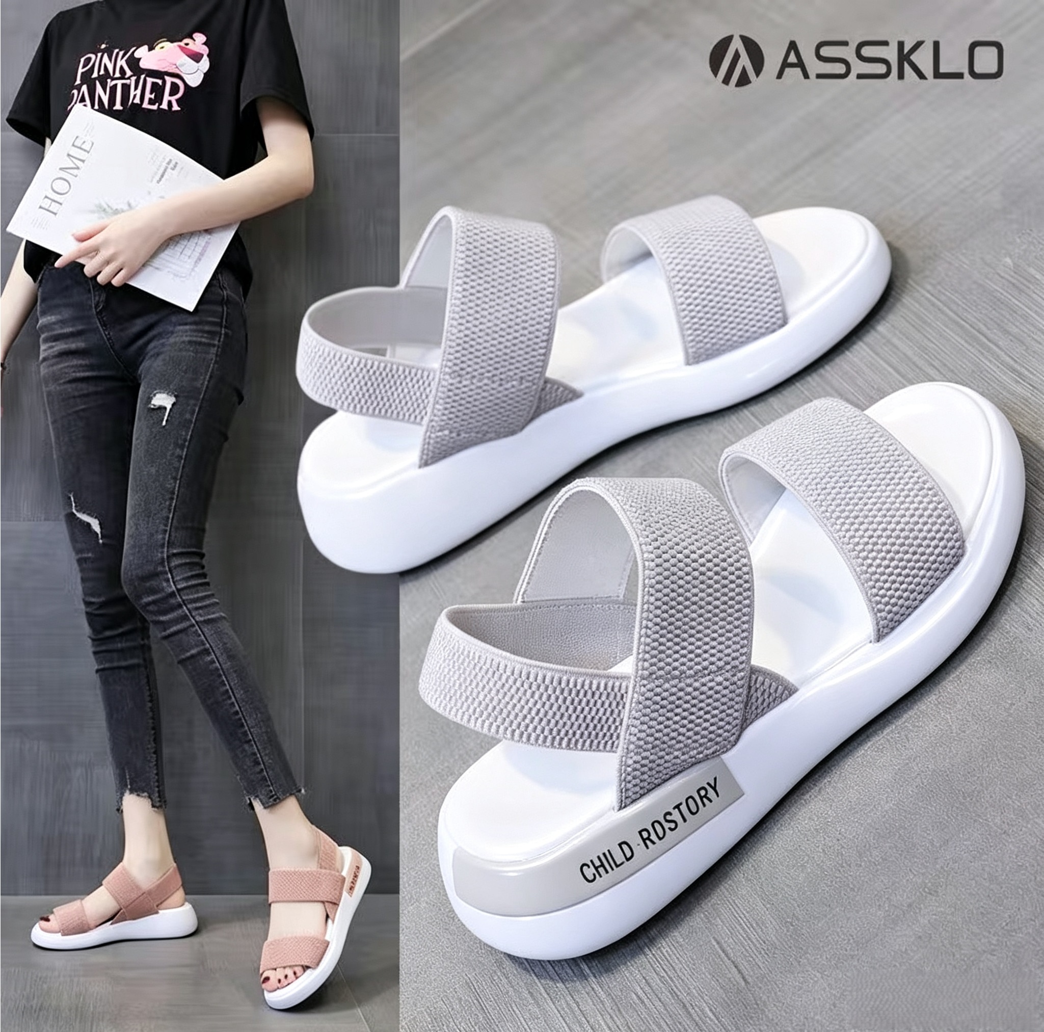 ASSKLO New Sandals Women Ins Soft Sole Elastic Band Korean Version Wild Sports Women's Shoes Tide ladies shoes girls shoes Pregnant women's shoes Maternity shoes Open Shoes Grey Black slides sandals