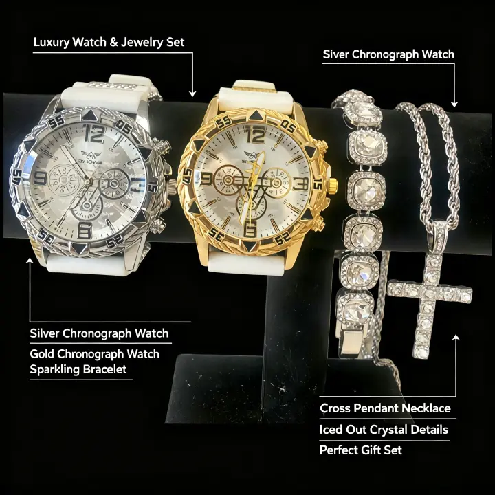 4Pcs/Set Hot Sale Men Business Quartz Watch 2Pcs, Square Sugar Rhinestone Bracelet, Titanium Steel Cross Pendant Necklace, Hip Hop Men Jewelry Accessories Set