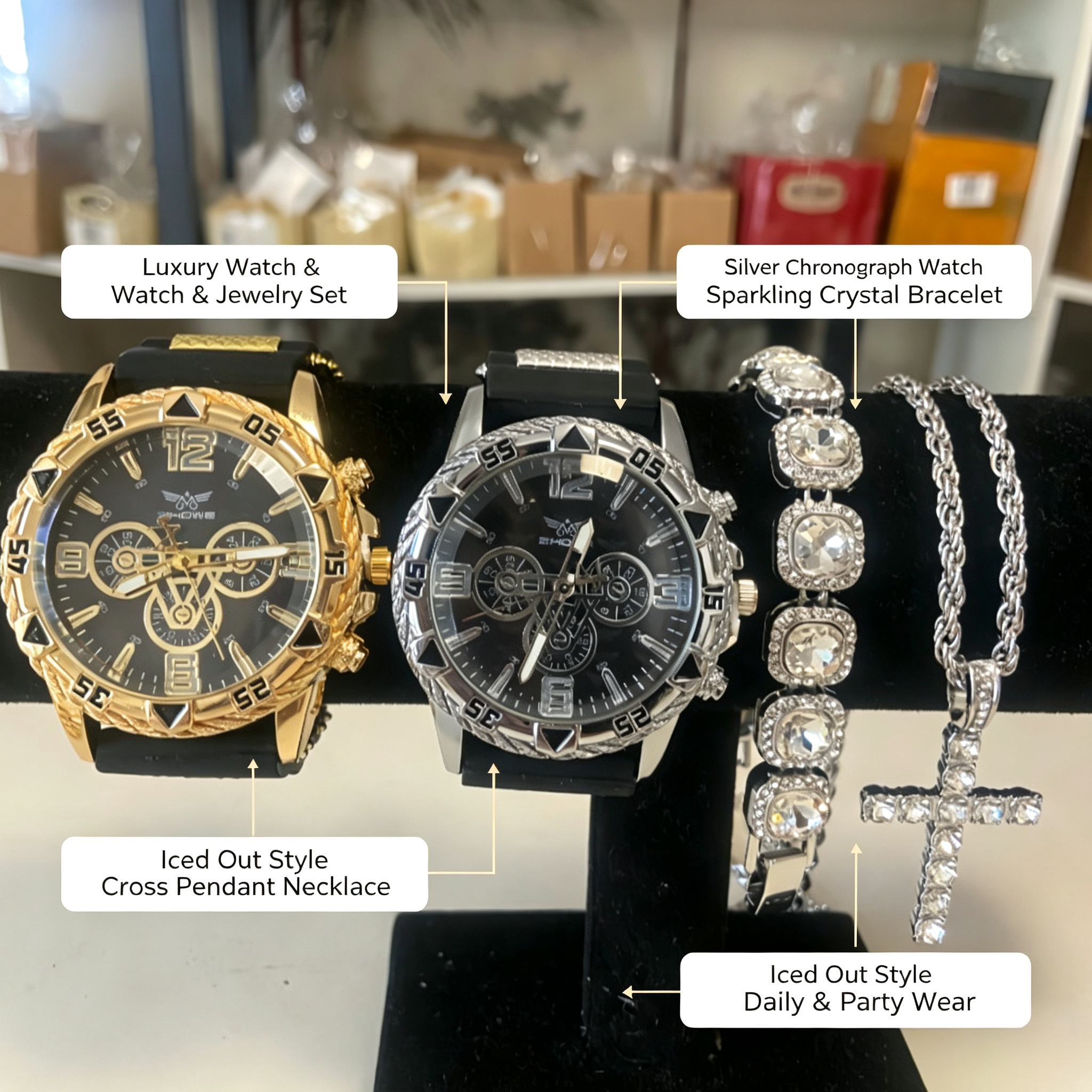 4Pcs/Set Hot Sale Men Business Quartz Watch 2Pcs, Square Sugar Rhinestone Bracelet, Titanium Steel Cross Pendant Necklace, Hip Hop Men Jewelry Accessories Set