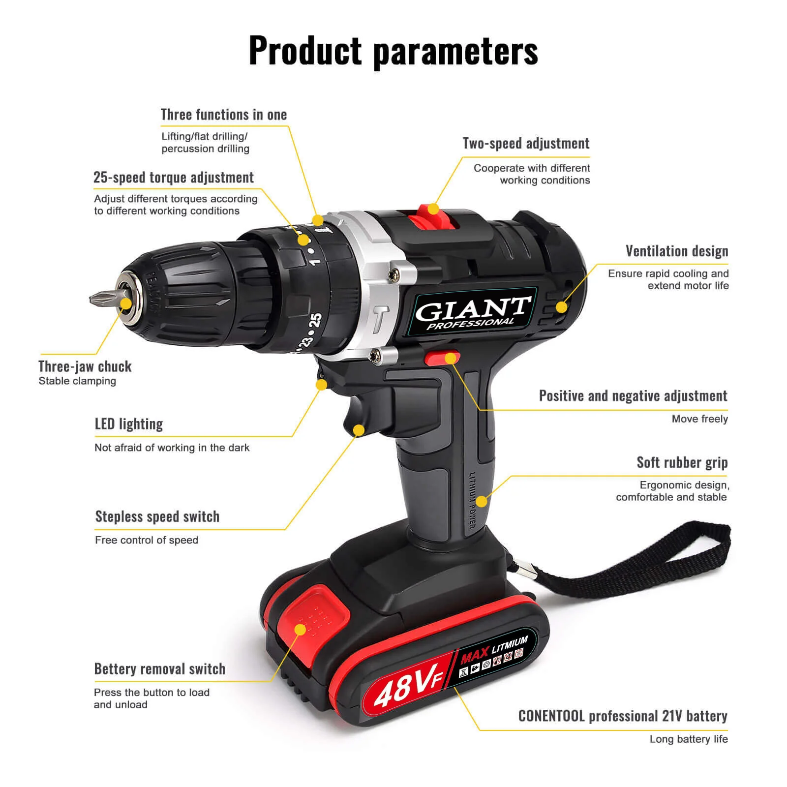 New arrival 21V electric drill with three functions can drill through walls. Industrial-grade commercial electric drill with a torque of up to 45-60 NM, suitable for electricians, carpenters