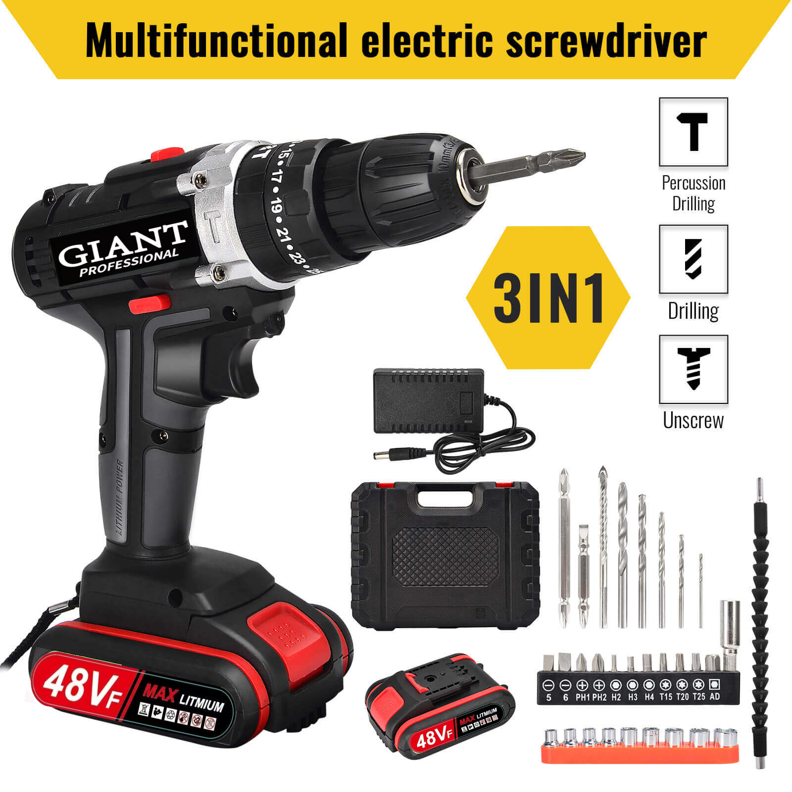 New arrival 21V electric drill with three functions can drill through walls. Industrial-grade commercial electric drill with a torque of up to 45-60 NM, suitable for electricians, carpenters