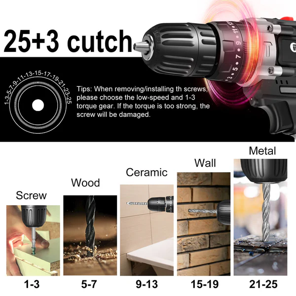 New arrival 21V electric drill with three functions can drill through walls. Industrial-grade commercial electric drill with a torque of up to 45-60 NM, suitable for electricians, carpenters