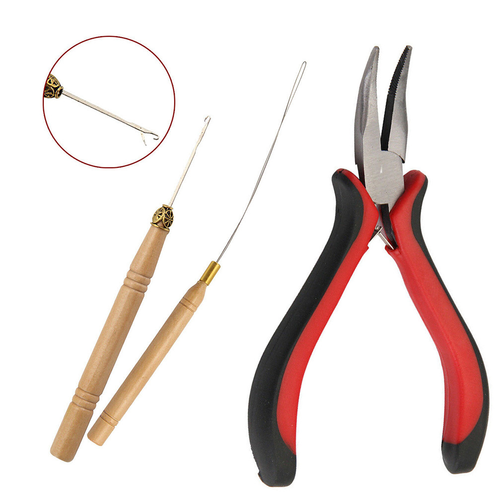 Hair Extension Tool Kit, 600 Silicone-Lined Micro Rings, 1 Pair of Pliers, 2 Hook Pull Loops, 10 Curved Hair Needles, 4 Metal Hair Clips, 1 Comb, 3 Rolls of Sewing Thread, 200 Mini Rubber Bands wig