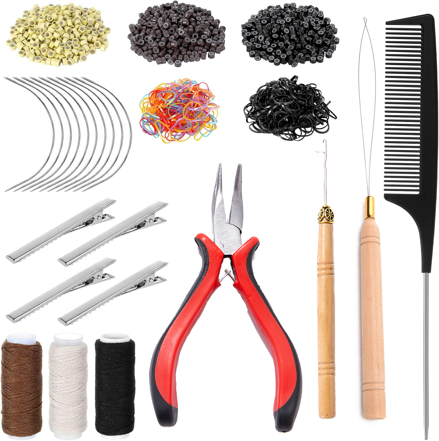 Hair Extension Tool Kit, 600 Silicone-Lined Micro Rings, 1 Pair of Pliers, 2 Hook Pull Loops, 10 Curved Hair Needles, 4 Metal Hair Clips, 1 Comb, 3 Rolls of Sewing Thread, 200 Mini Rubber Bands wig