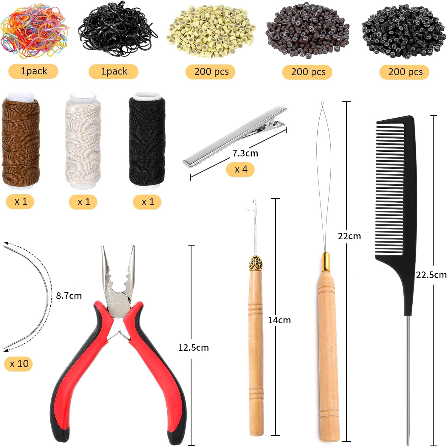 Hair Extension Tool Kit, 600 Silicone-Lined Micro Rings, 1 Pair of Pliers, 2 Hook Pull Loops, 10 Curved Hair Needles, 4 Metal Hair Clips, 1 Comb, 3 Rolls of Sewing Thread, 200 Mini Rubber Bands wig