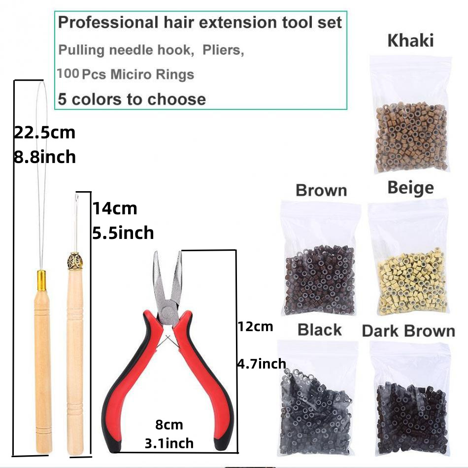 Hair Extension Tool Kit, 600 Silicone-Lined Micro Rings, 1 Pair of Pliers, 2 Hook Pull Loops, 10 Curved Hair Needles, 4 Metal Hair Clips, 1 Comb, 3 Rolls of Sewing Thread, 200 Mini Rubber Bands wig
