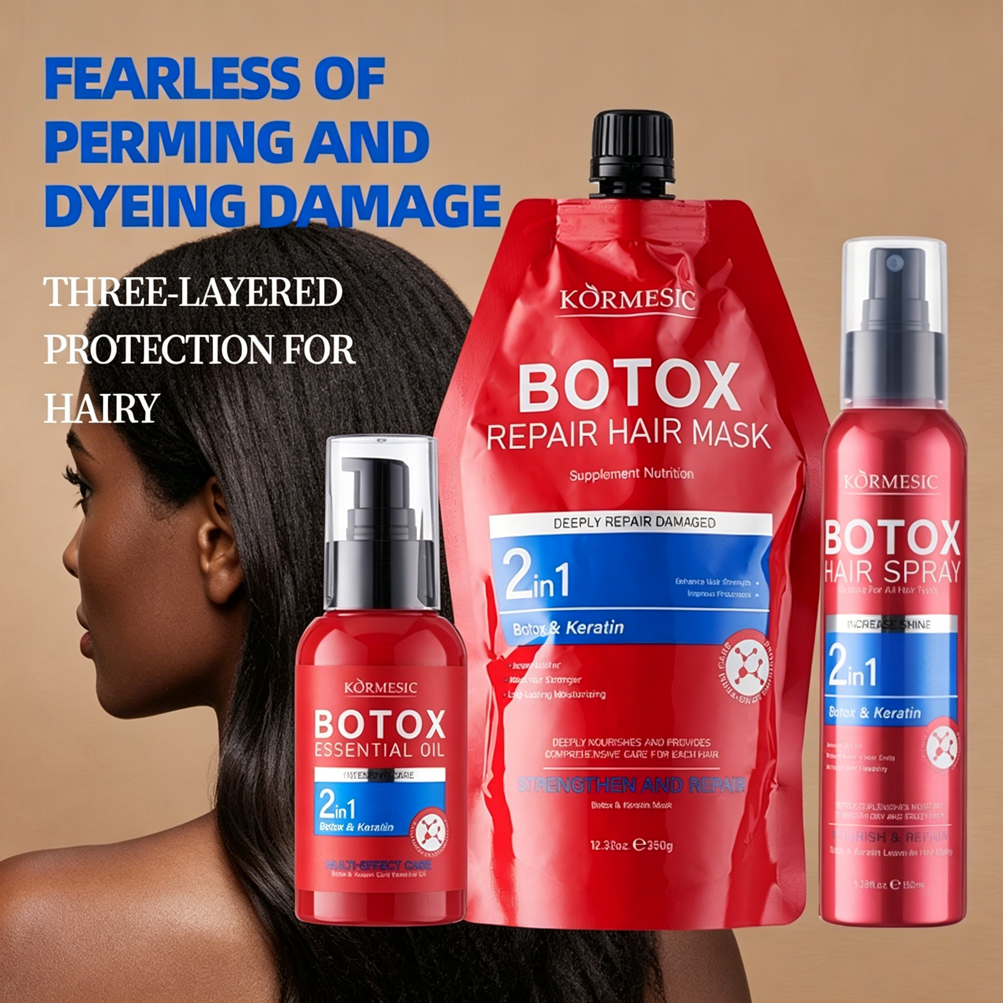 3pcs ORMESIC Botox & Keratin Trio Leave-in conditioner spray oil mask. One spray for shine – intense hydration anti-frizz repair dryness rebuild protein, prevent splits