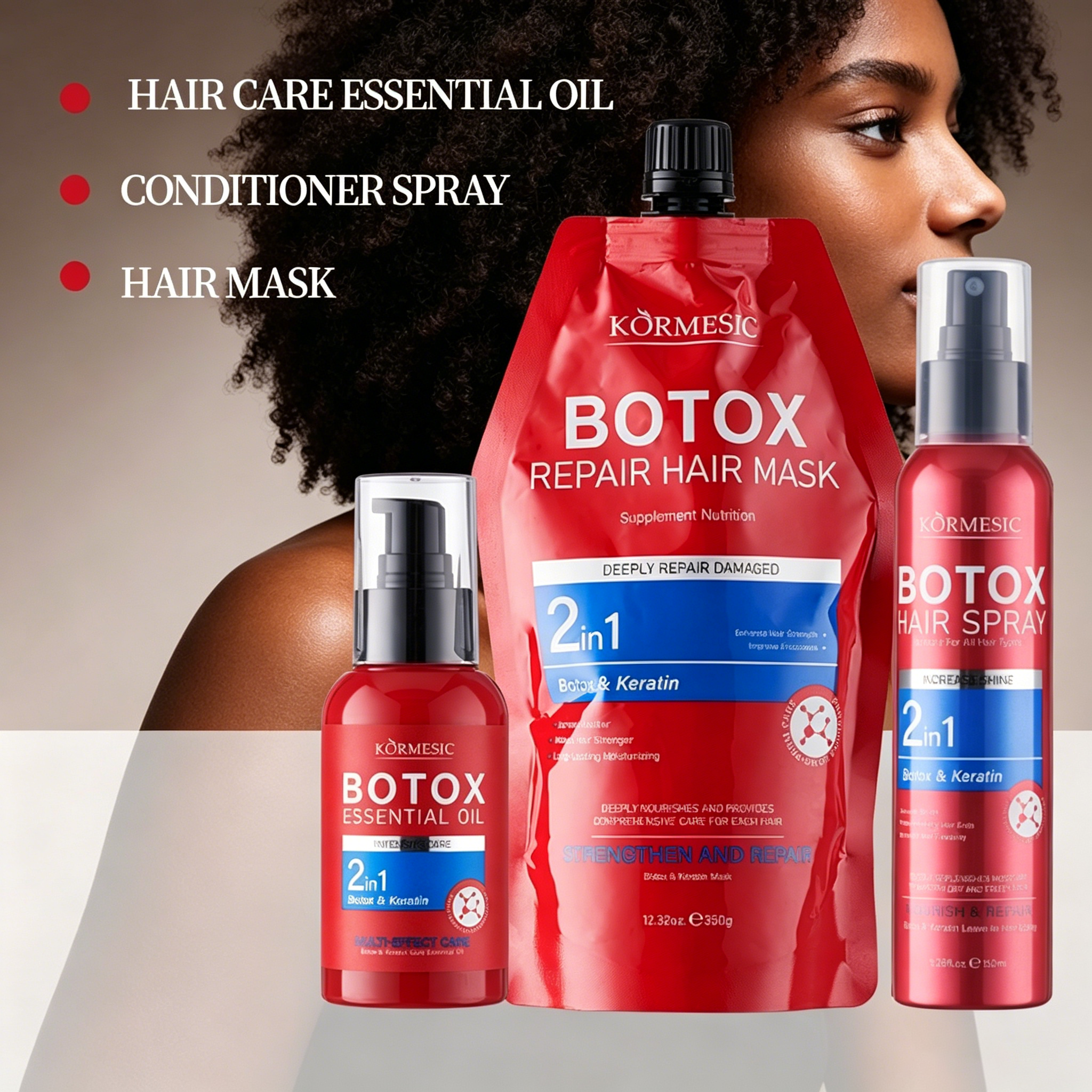 3pcs ORMESIC Botox & Keratin Trio Leave-in conditioner spray oil mask. One spray for shine – intense hydration anti-frizz repair dryness rebuild protein, prevent splits