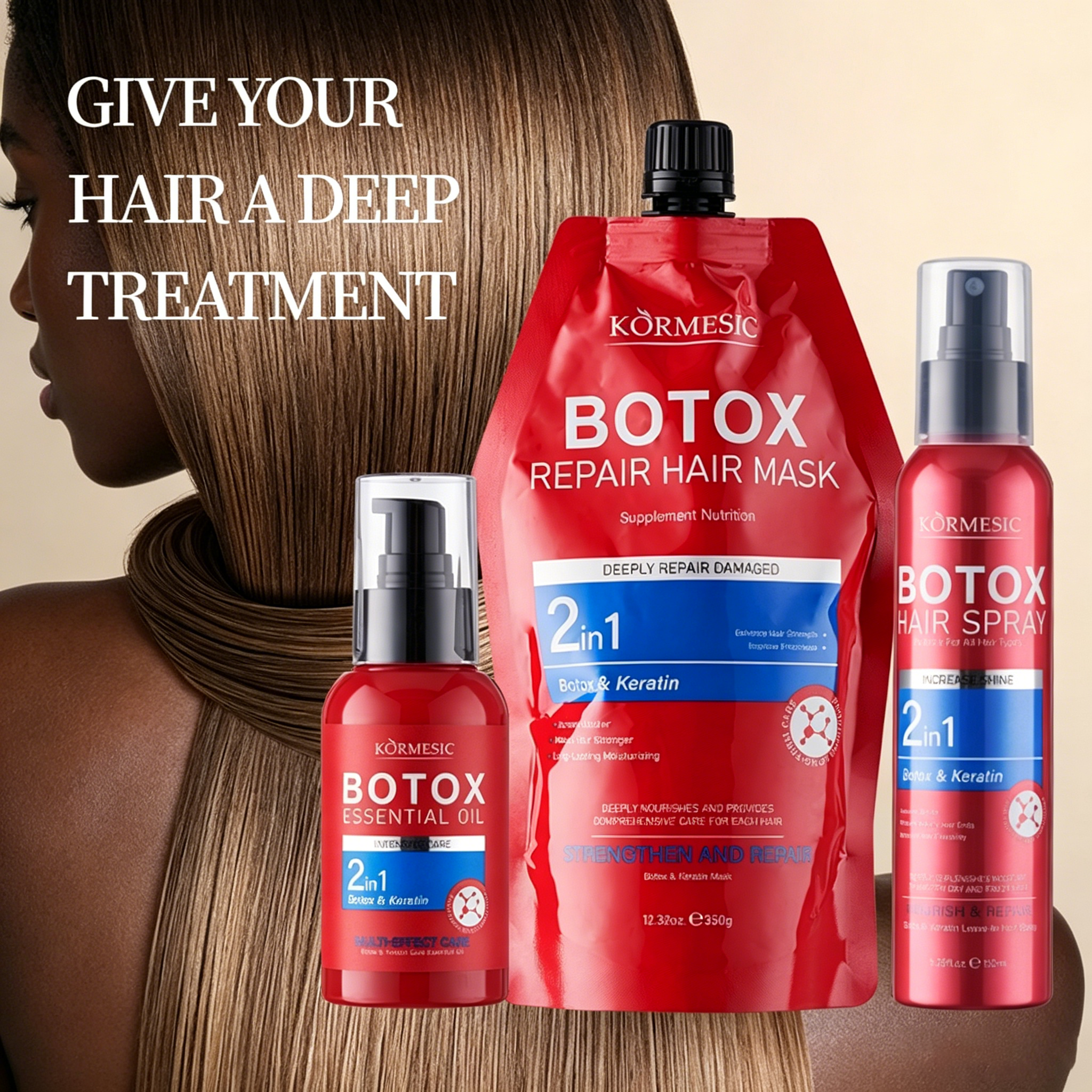 3pcs ORMESIC Botox & Keratin Trio Leave-in conditioner spray oil mask. One spray for shine – intense hydration anti-frizz repair dryness rebuild protein, prevent splits