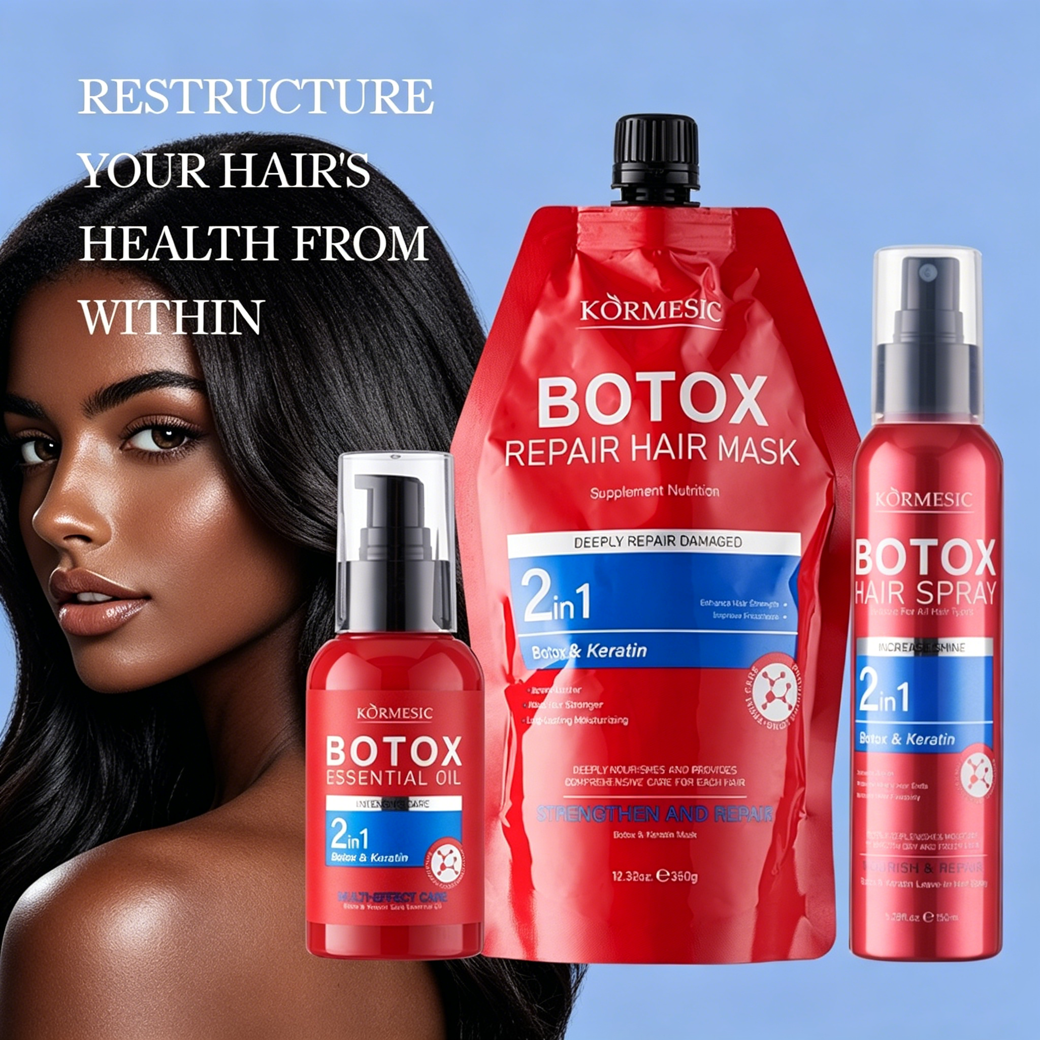 3pcs ORMESIC Botox & Keratin Trio Leave-in conditioner spray oil mask. One spray for shine – intense hydration anti-frizz repair dryness rebuild protein, prevent splits
