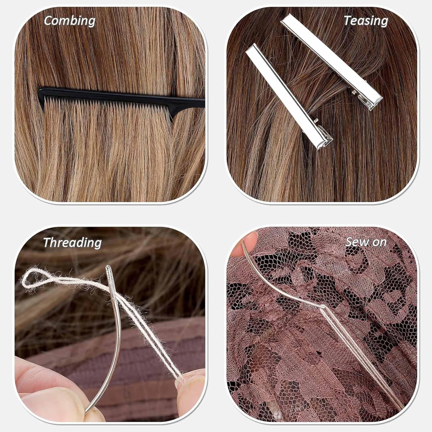 Hair Extension Tool Kit, 600 Silicone-Lined Micro Rings, 1 Pair of Pliers, 2 Hook Pull Loops, 10 Curved Hair Needles, 4 Metal Hair Clips, 1 Comb, 3 Rolls of Sewing Thread, 200 Mini Rubber Bands wig