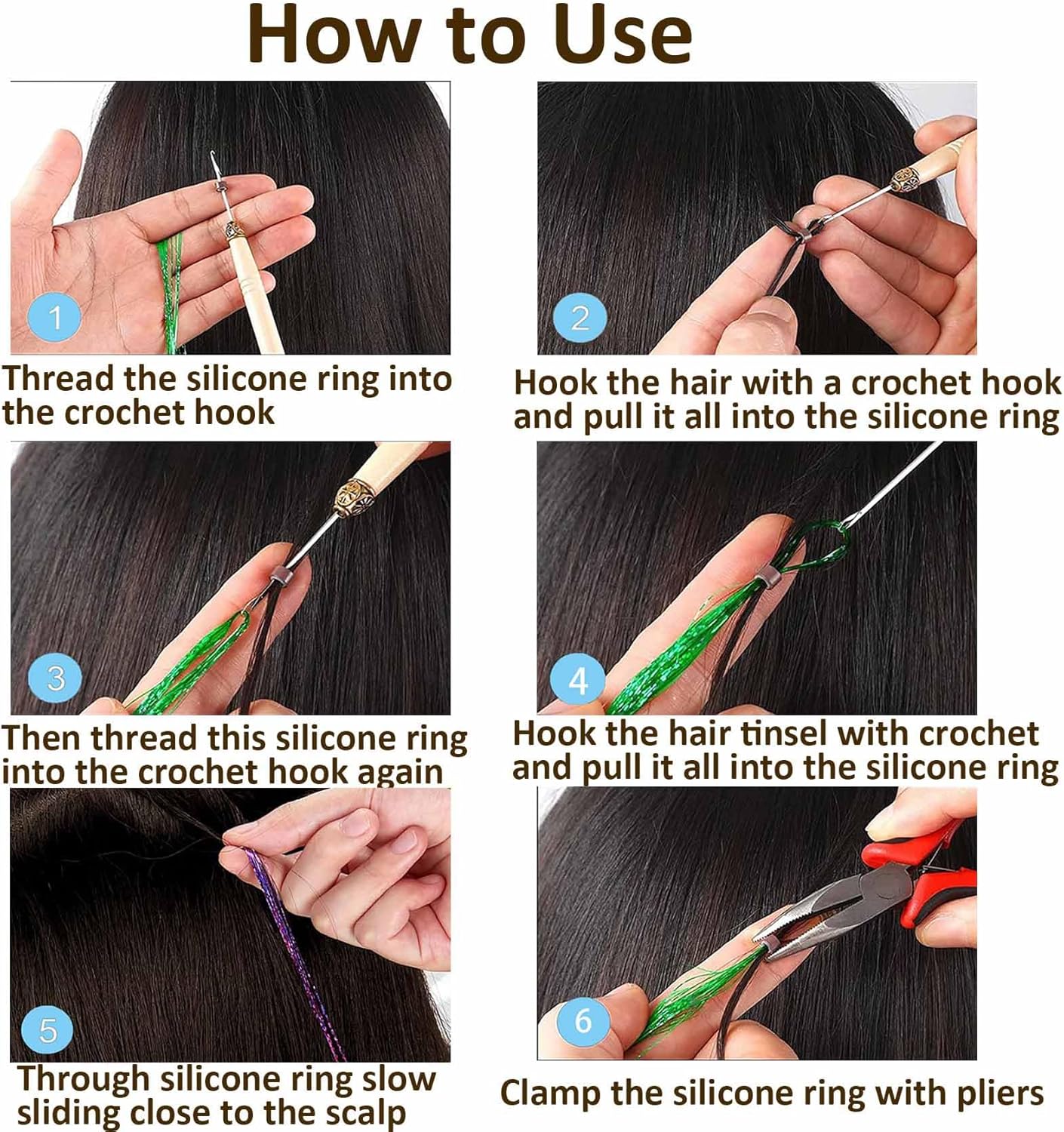 Hair Extension Tool Kit, 600 Silicone-Lined Micro Rings, 1 Pair of Pliers, 2 Hook Pull Loops, 10 Curved Hair Needles, 4 Metal Hair Clips, 1 Comb, 3 Rolls of Sewing Thread, 200 Mini Rubber Bands wig