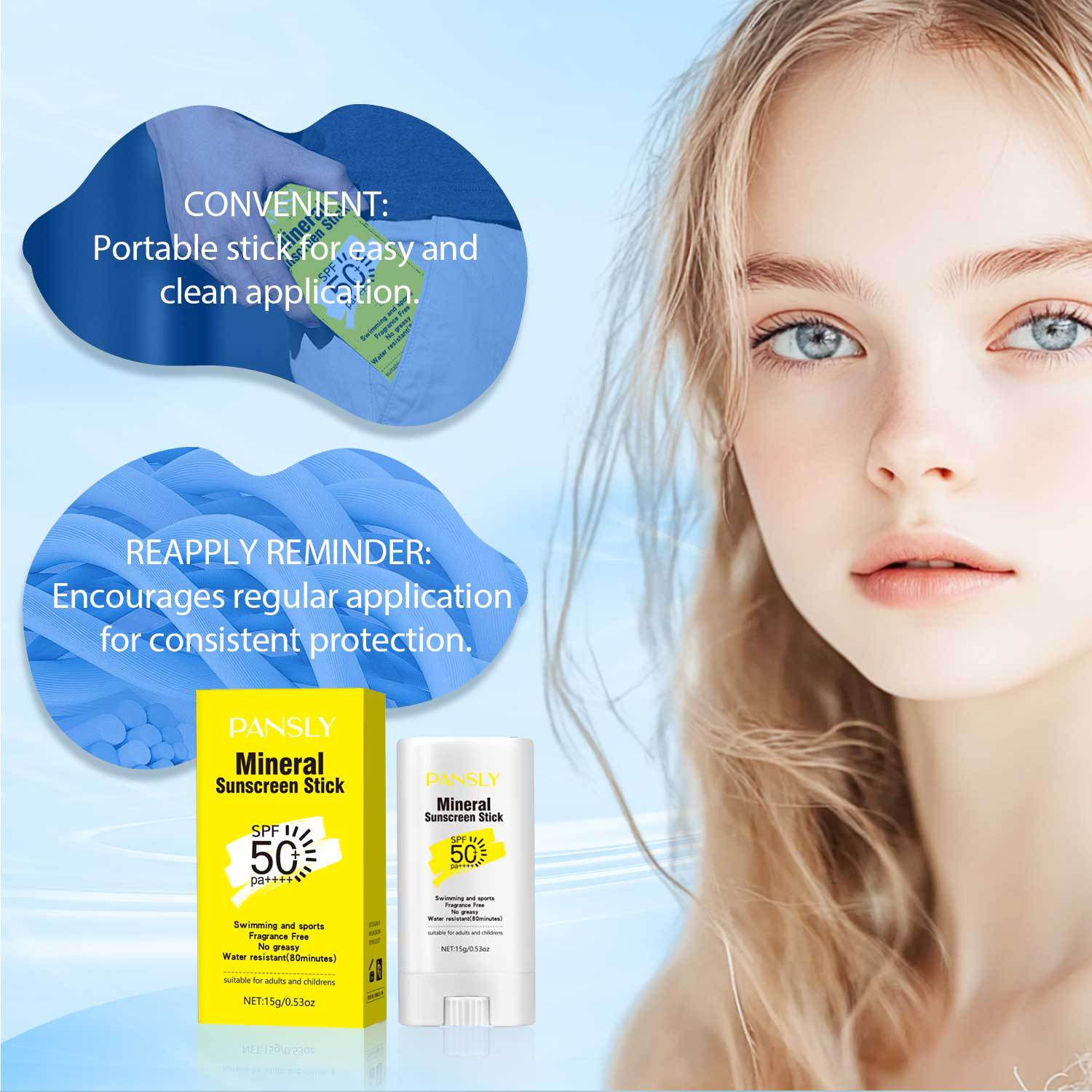 PANSLY Physical Sunscreen Stick - 15g - Refreshing and Non-Greasy Sunscreen