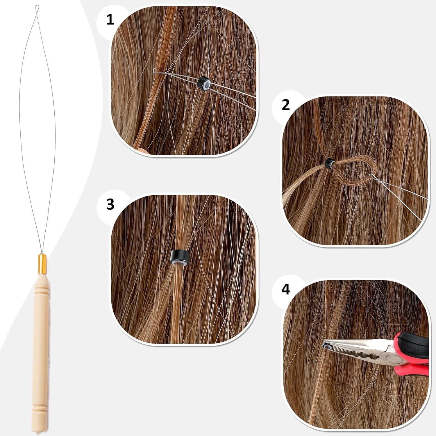 Hair Extension Tool Kit, 600 Silicone-Lined Micro Rings, 1 Pair of Pliers, 2 Hook Pull Loops, 10 Curved Hair Needles, 4 Metal Hair Clips, 1 Comb, 3 Rolls of Sewing Thread, 200 Mini Rubber Bands wig