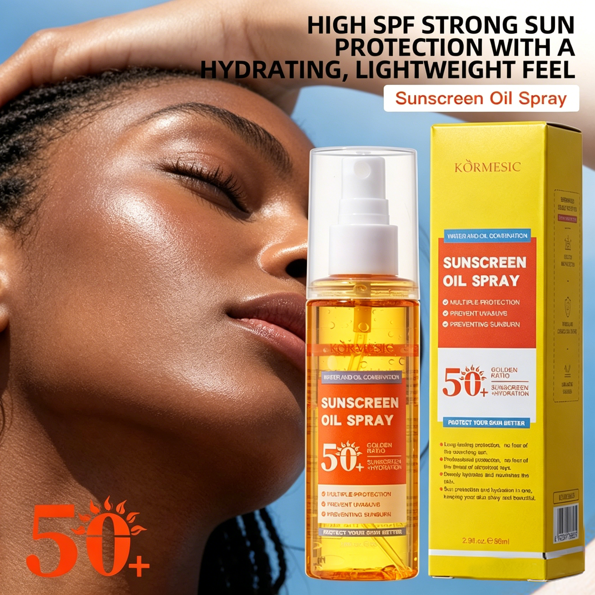 86ml KORMESIC Sunscreens spray with SPF50+ UV protection for the body and face Refuses to leave any white cast on the skin Aloe Vera