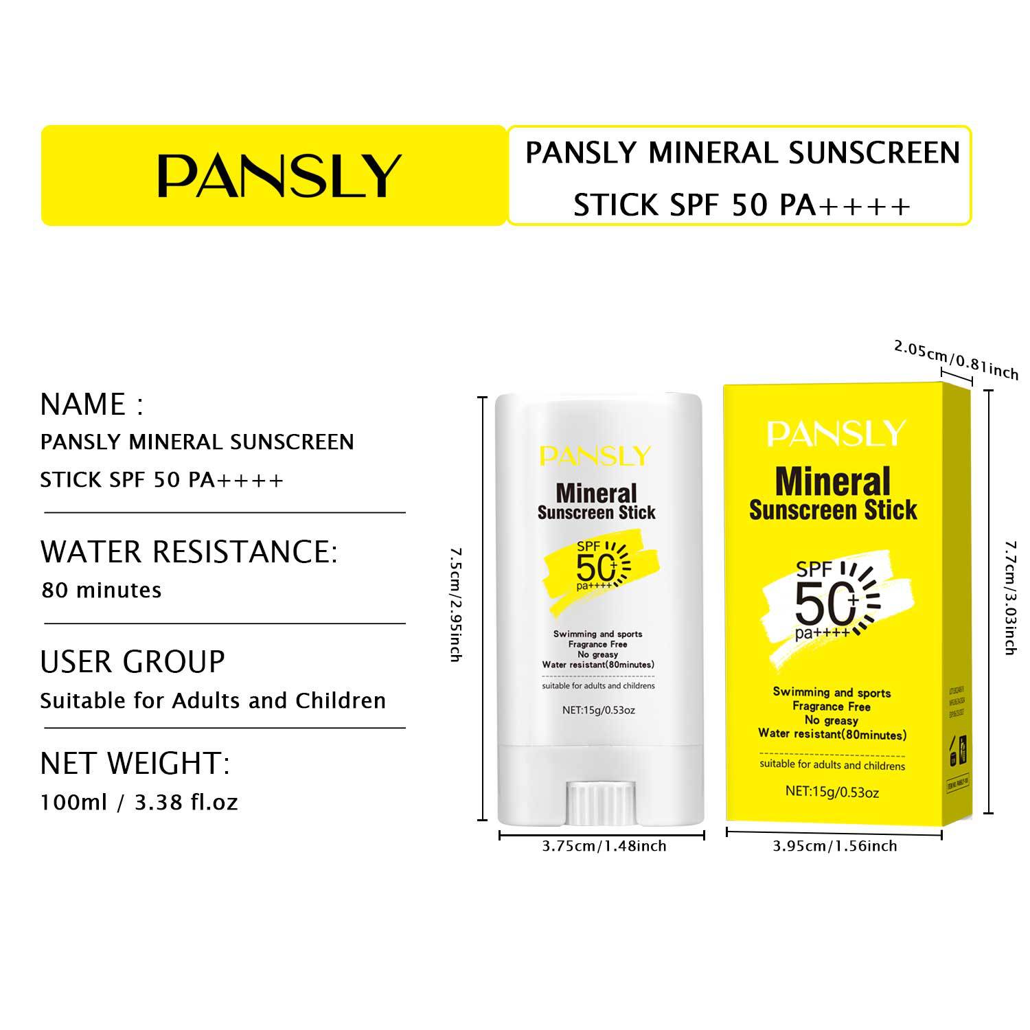 PANSLY Physical Sunscreen Stick - 15g - Refreshing and Non-Greasy Sunscreen