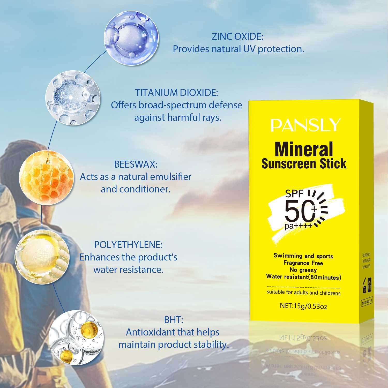 PANSLY Physical Sunscreen Stick - 15g - Refreshing and Non-Greasy Sunscreen