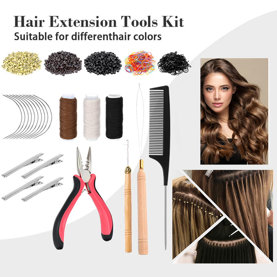 Hair Extension Tool Kit, 600 Silicone-Lined Micro Rings, 1 Pair of Pliers, 2 Hook Pull Loops, 10 Curved Hair Needles, 4 Metal Hair Clips, 1 Comb, 3 Rolls of Sewing Thread, 200 Mini Rubber Bands wig