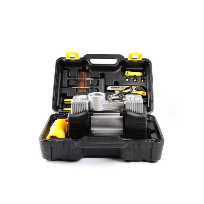 Portable double cylinder Air Compresser Pump with Tool Kit ,Tyre Pressure Gauge, Jumpstarter, Tire Inflator, Heavy Duty for Car, Truck, Bicycle and Inflatable Puncture Repair kit