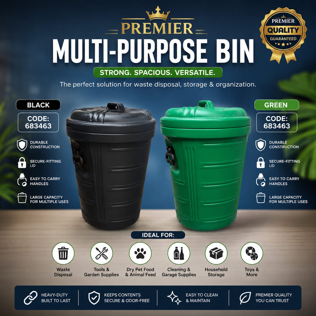 PREMIER BLACK DUSTBIN MULTIPURPOSE 60 Litres Large capacity for home or commercial use Strong and durable material Easy to clean and maintain Suitable for kitchen, office, or outdoor use