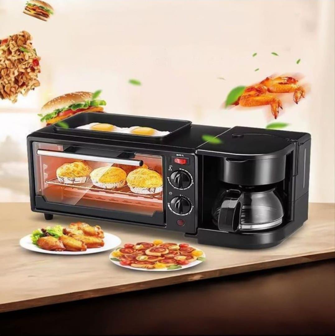 REKI 3-In-1 Multifunctional Breakfast Maker machine With 12L Electric Oven Coffee Maker & Non-Stick Frying Pan, Space-Saving Kitchen Countertop Breakfast Machine black color