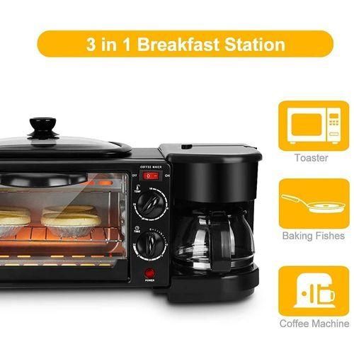 REKI 3-In-1 Multifunctional Breakfast Maker machine With 12L Electric Oven Coffee Maker & Non-Stick Frying Pan, Space-Saving Kitchen Countertop Breakfast Machine black color
