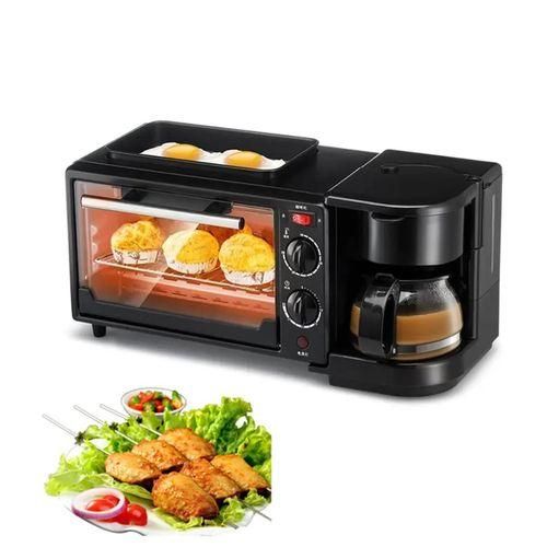 REKI 3-In-1 Multifunctional Breakfast Maker machine With 12L Electric Oven Coffee Maker & Non-Stick Frying Pan, Space-Saving Kitchen Countertop Breakfast Machine black color