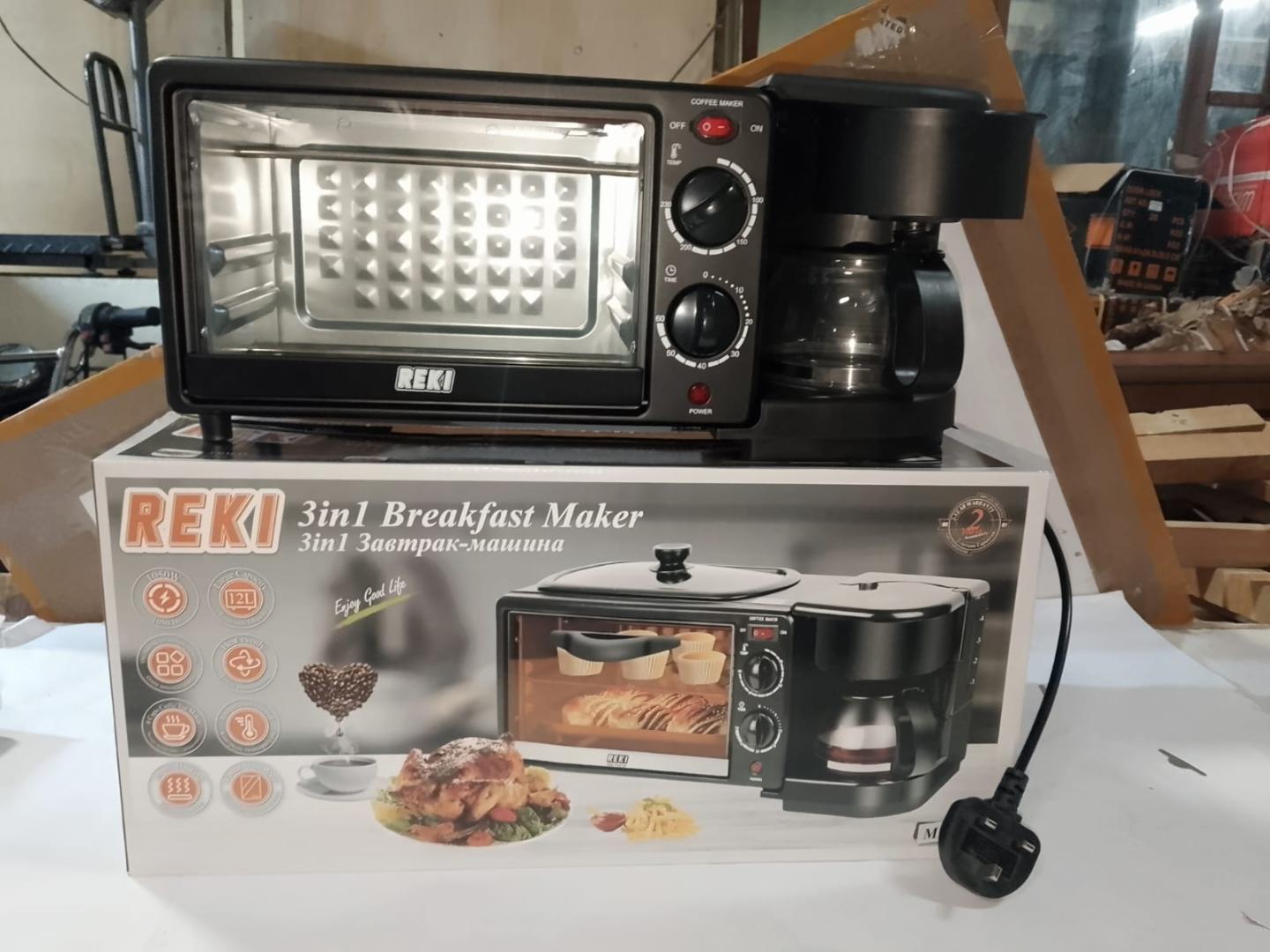 REKI 3-In-1 Multifunctional Breakfast Maker machine With 12L Electric Oven Coffee Maker & Non-Stick Frying Pan, Space-Saving Kitchen Countertop Breakfast Machine black color