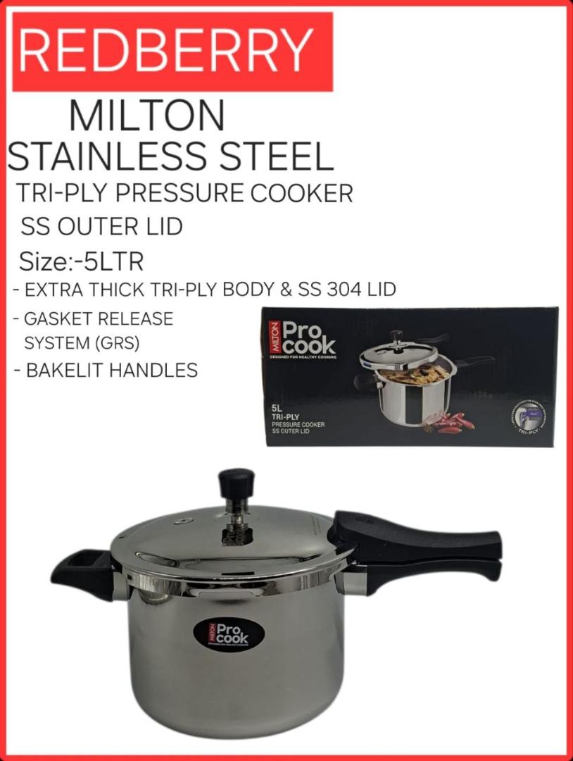 Redberry Milton procook Tri-ply stainless steel pressure cooker with induction base and bakelite handles