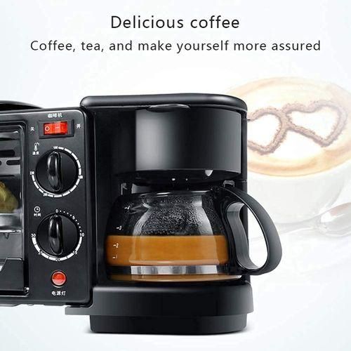 REKI 3-In-1 Multifunctional Breakfast Maker machine With 12L Electric Oven Coffee Maker & Non-Stick Frying Pan, Space-Saving Kitchen Countertop Breakfast Machine black color